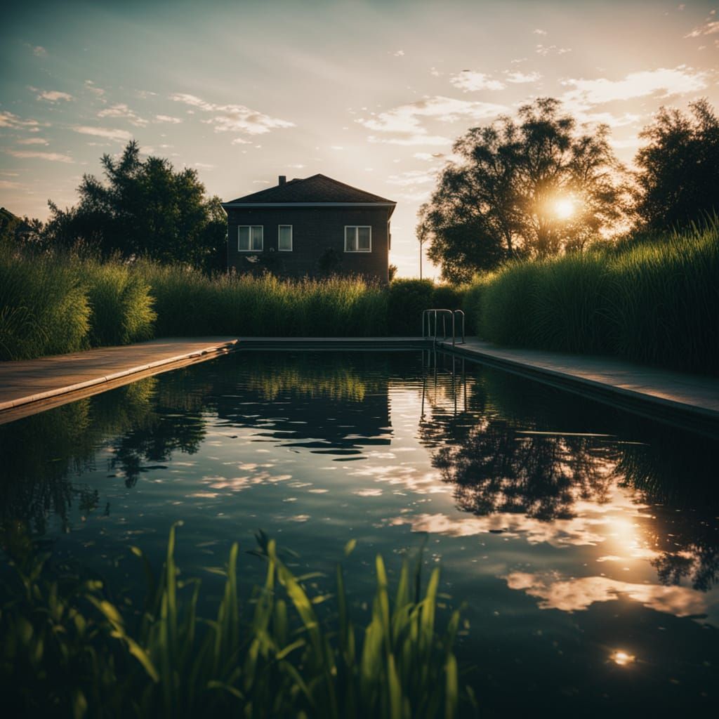 Outdoor Pool in Film Noir Style: Cinematic Film Still