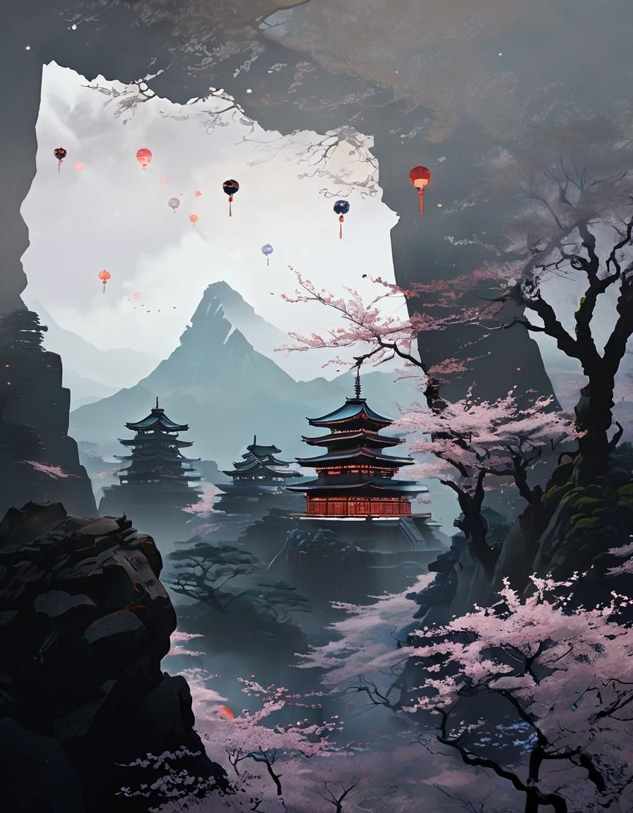 Ukiyo-e Deities Gather on Misty Mountain Peak