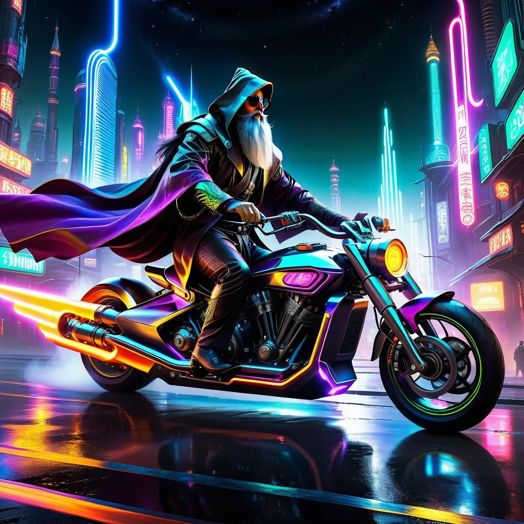 Wizard Rides Cyberpunk Motorcycle Through Desolate City