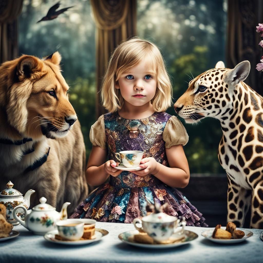 Hyperrealistic Girl's Tea Party with Animal Friends