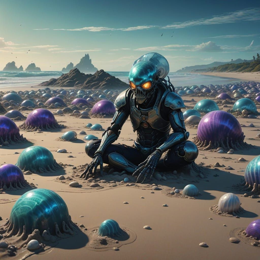 Ink Art of a Fantasy Beach with Glowing Shells