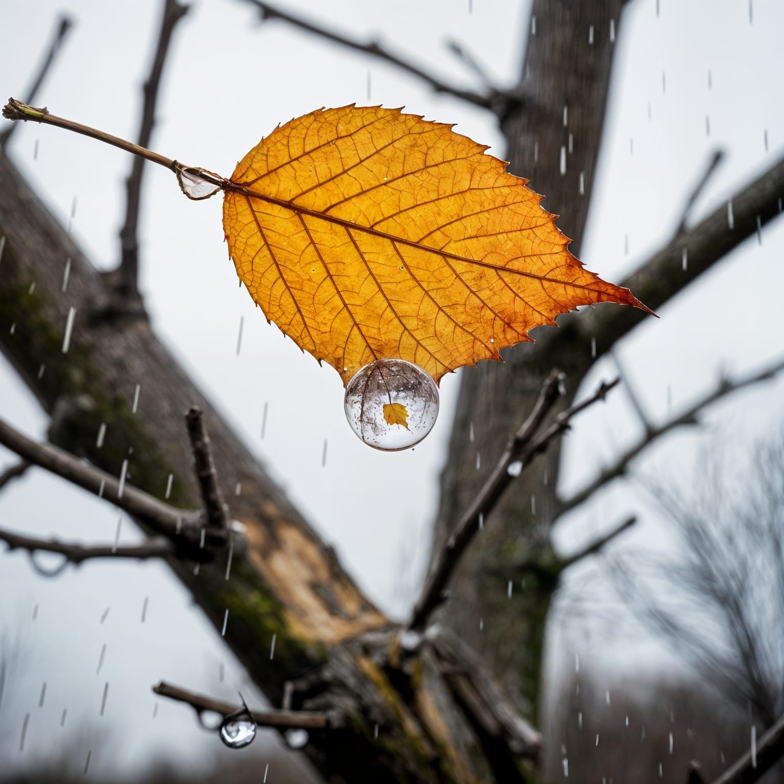 Autumn Leaf Macro Shot with Reflective Water Droplet