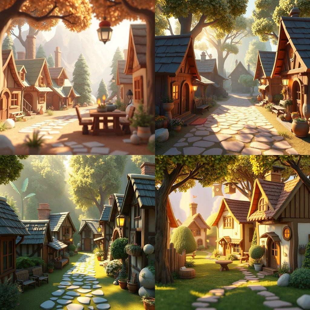 Cozy Village in Warm 3D Cartoon Pixar Style