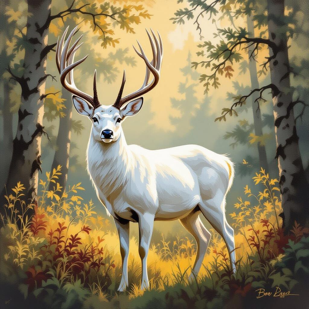 Majestic White Hart Deer in Forest, Nature Art