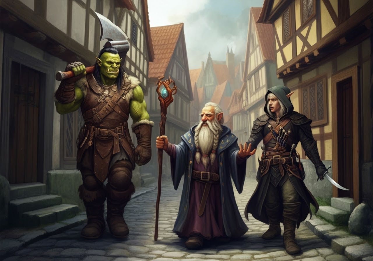 Fantasy Adventurers in Village, Whimsical Art Style