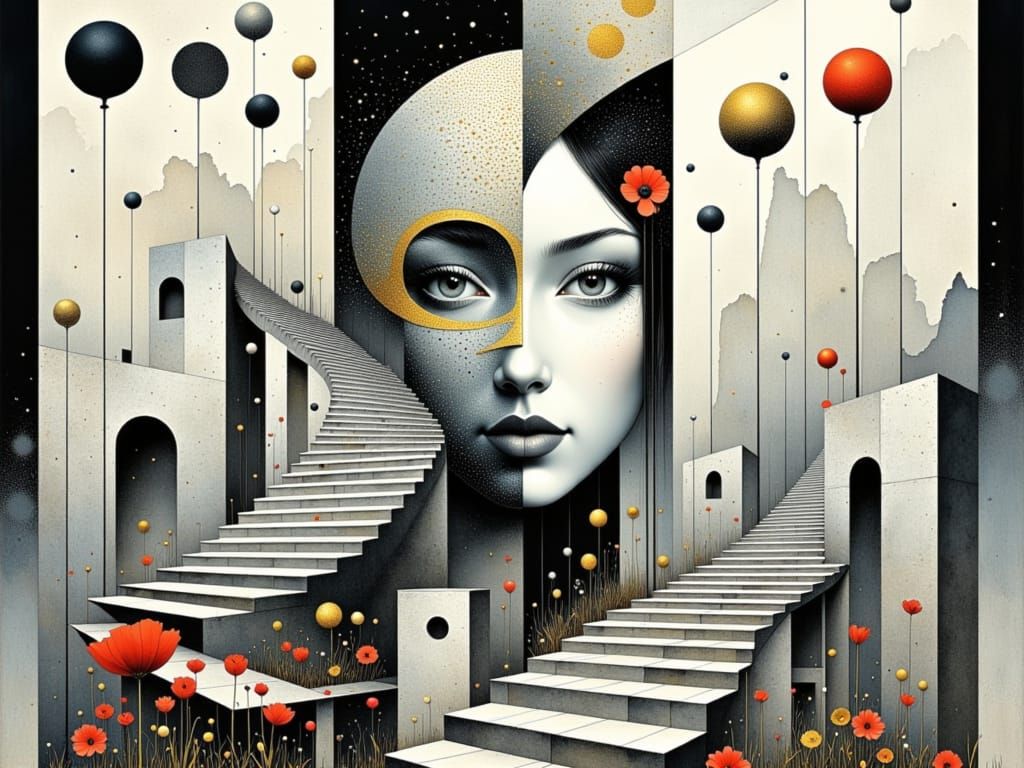 Surreal Carnival Scene in Escher-Inspired Black and White