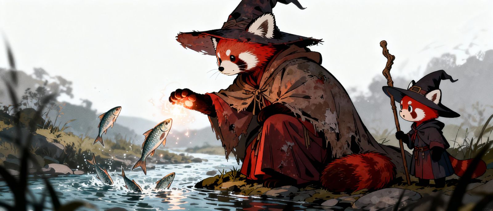 Anime Red Panda Witches Fishing with Magic