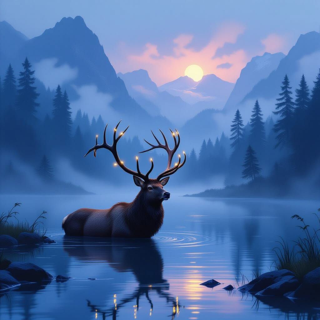 Stag in Misty Lake with Fireflies: Painterly Style