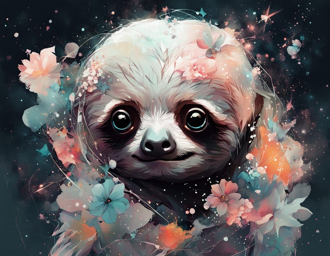 Adorable Baby Sloth Amidst Flowers Digital Painting
