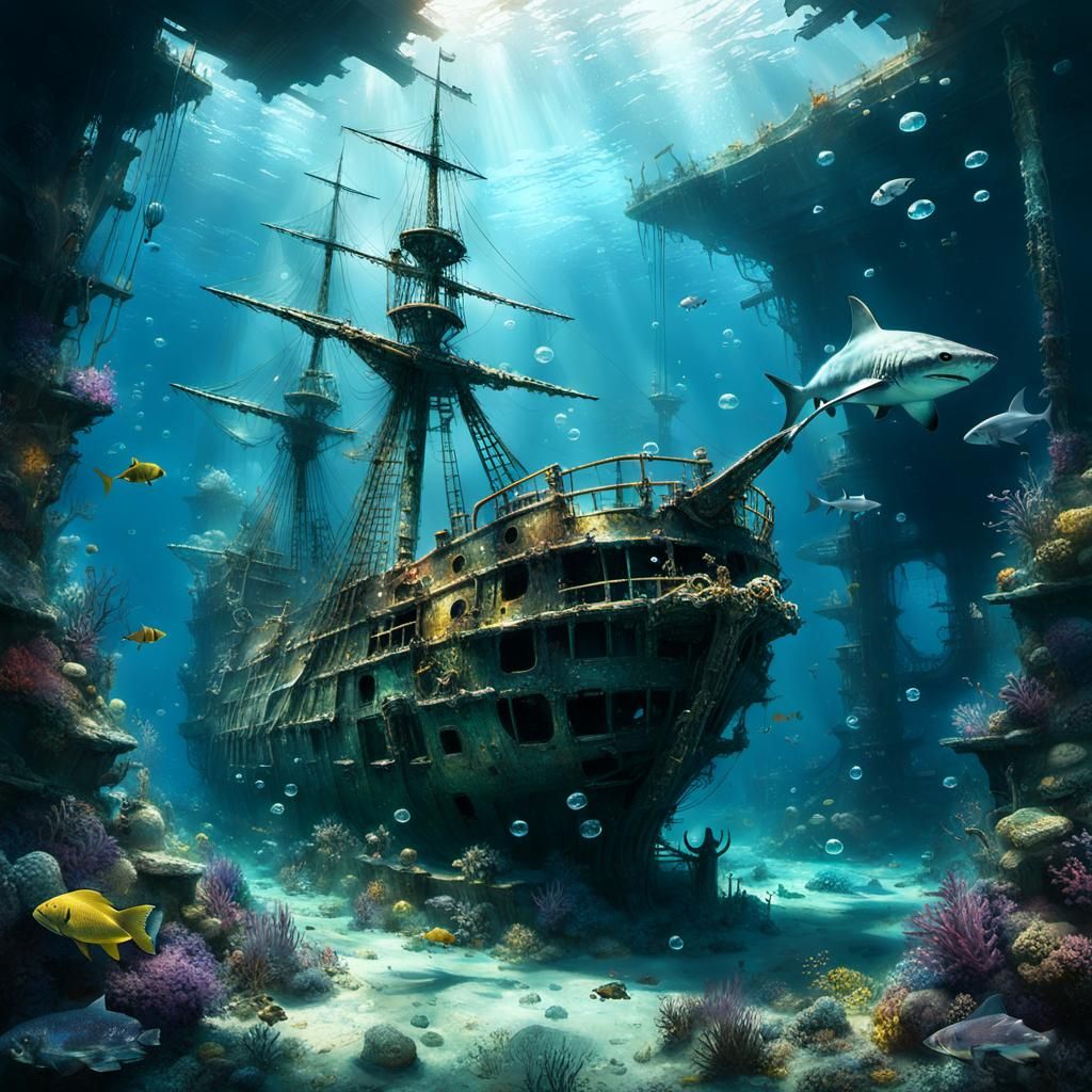Sunken Pirate Ship Underwater Matte Painting