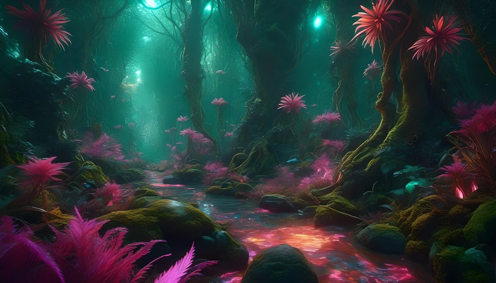 Psychedelic Jungle with Crystalline Cordyceps in Neon Colors