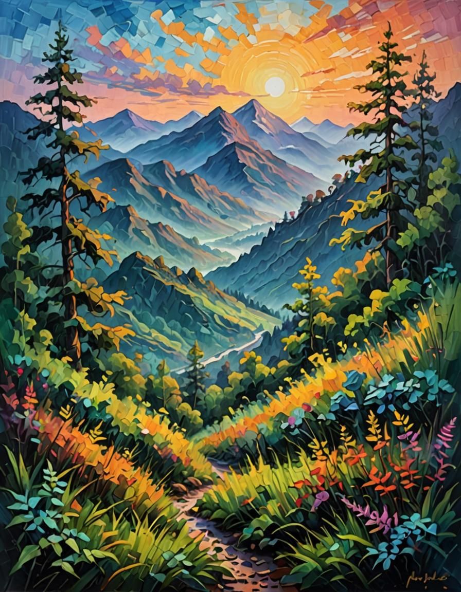 Misty Sunset Mountains: An Impasto Painting