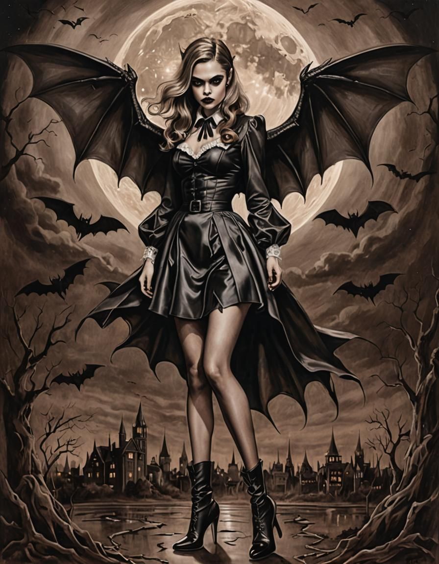 Vampire Pinup with Demonic Wings in Charcoal Style