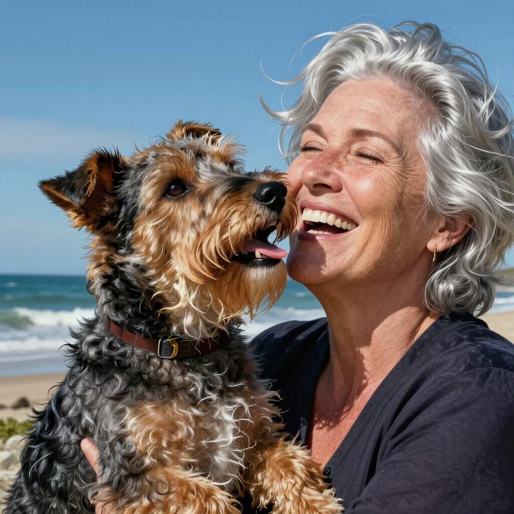 Joyful Woman and Dog Portrait on Seashore