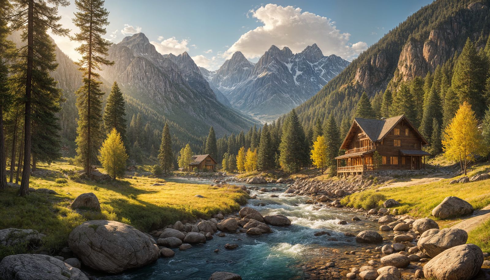 Vibrant Valley Scene with River and Mountains