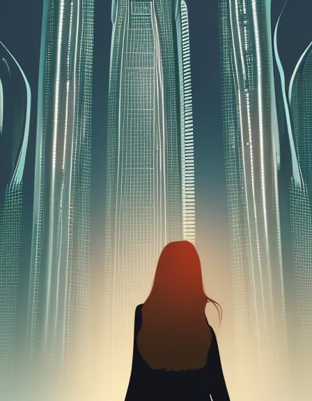 Woman Mesmerized by Futuristic City at Dawn