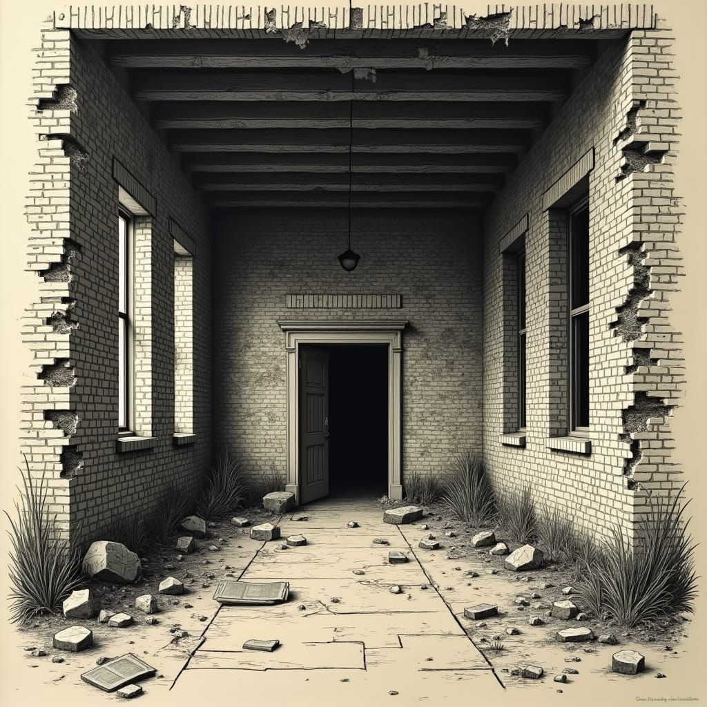 regionalist style mural of a demolished public high school. ...