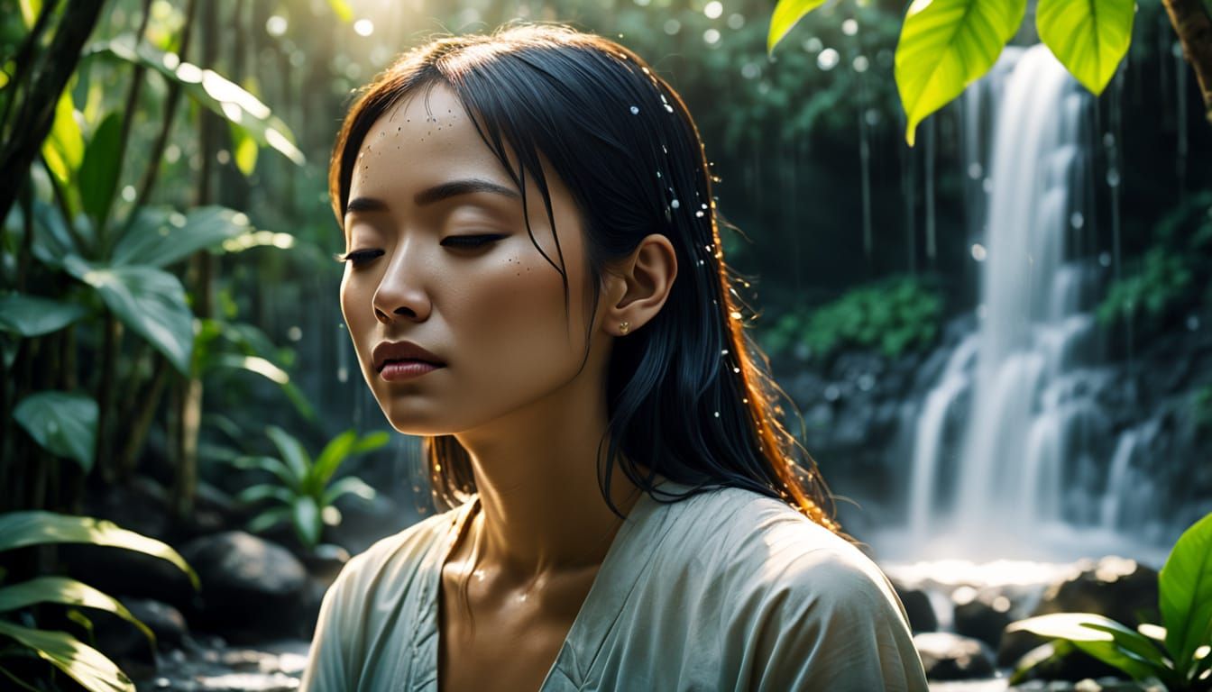 Asian Woman Meditating by Tropical Waterfall