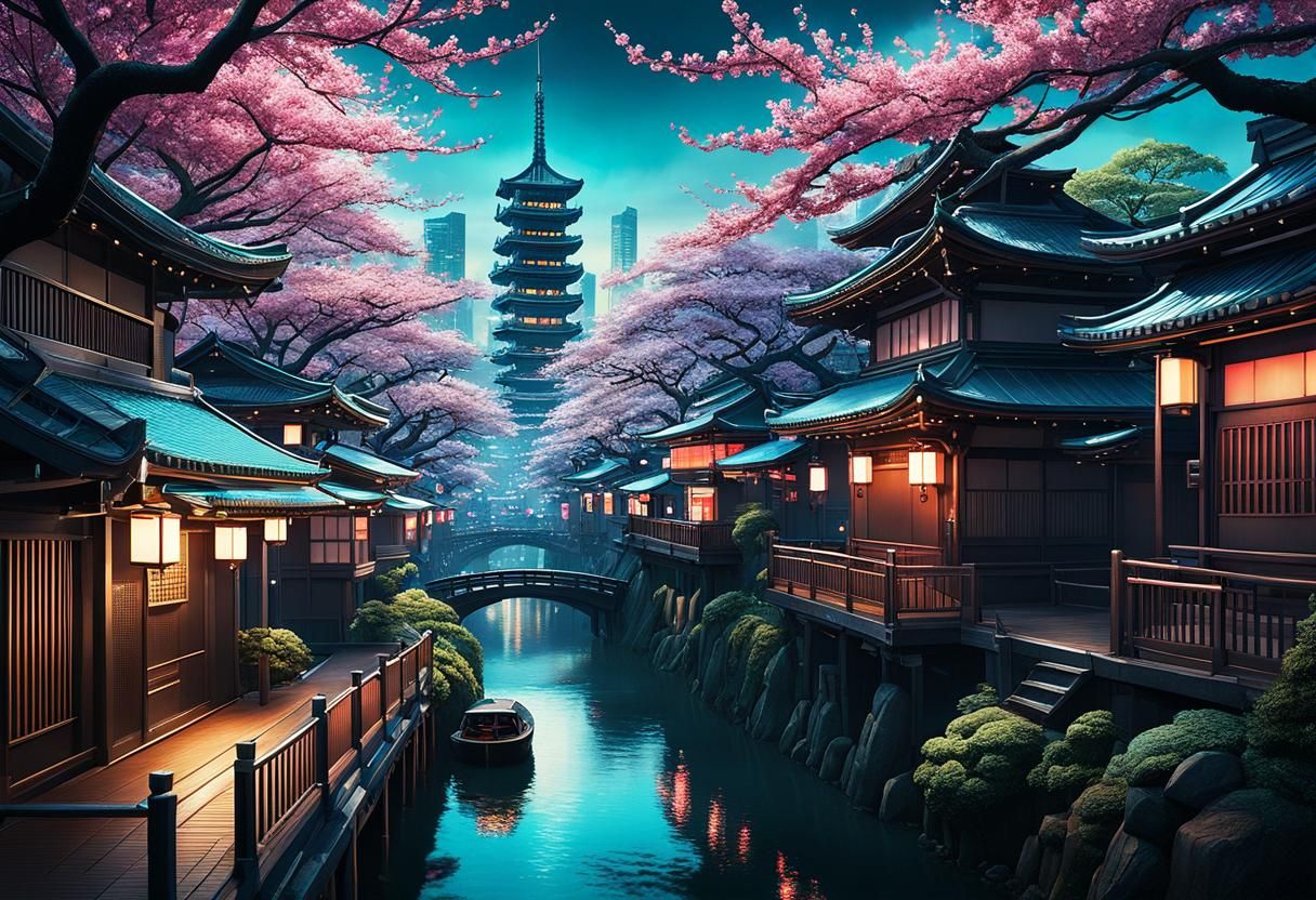 Cyberpunk Sakura Festival in Japanese City