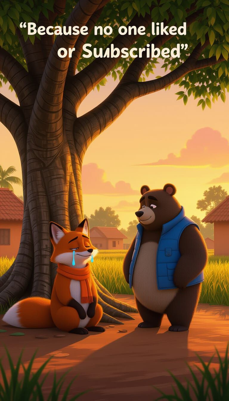 Fox Crying Under Banyan Tree in Pixar Style