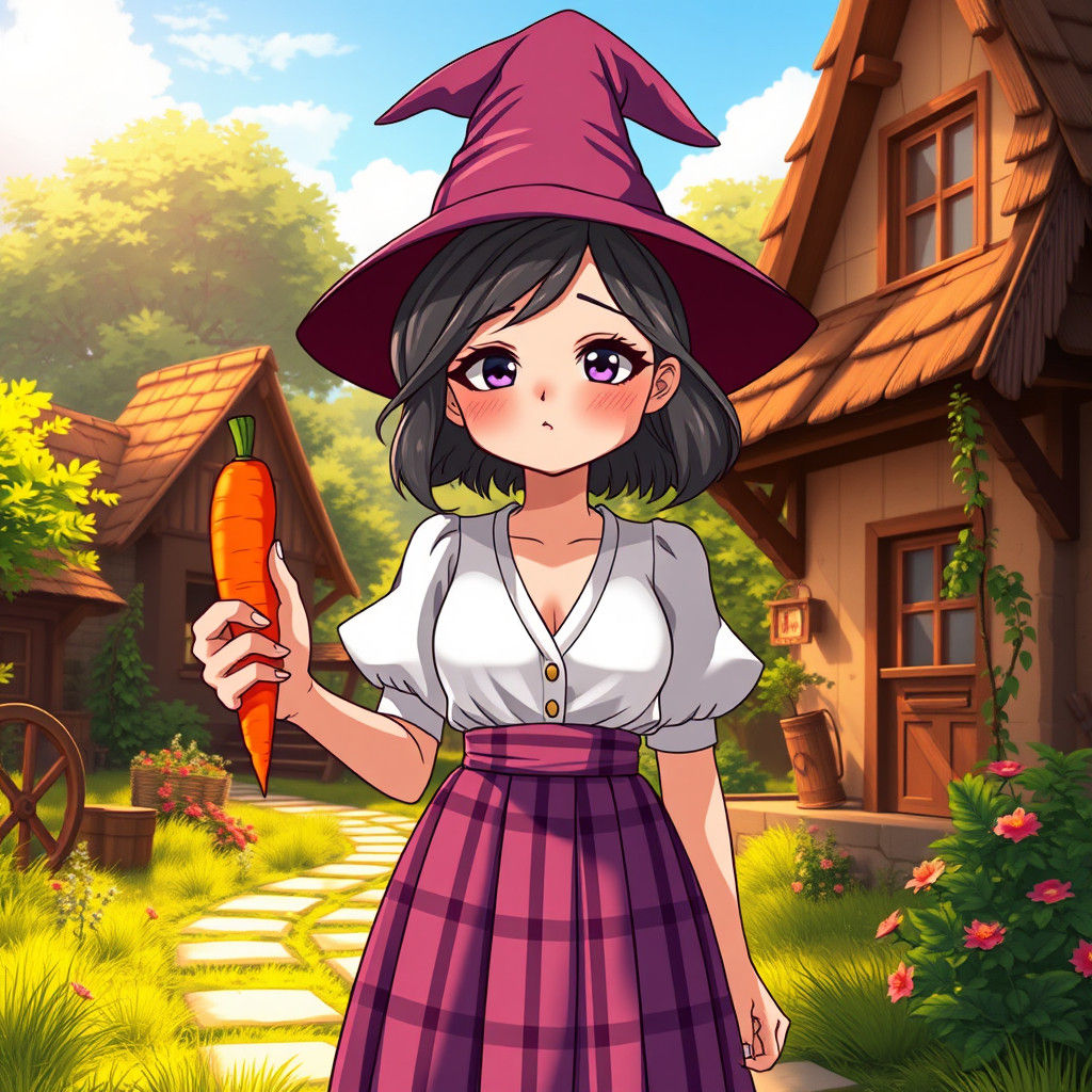 Anime Style Witch with Carrot in Village