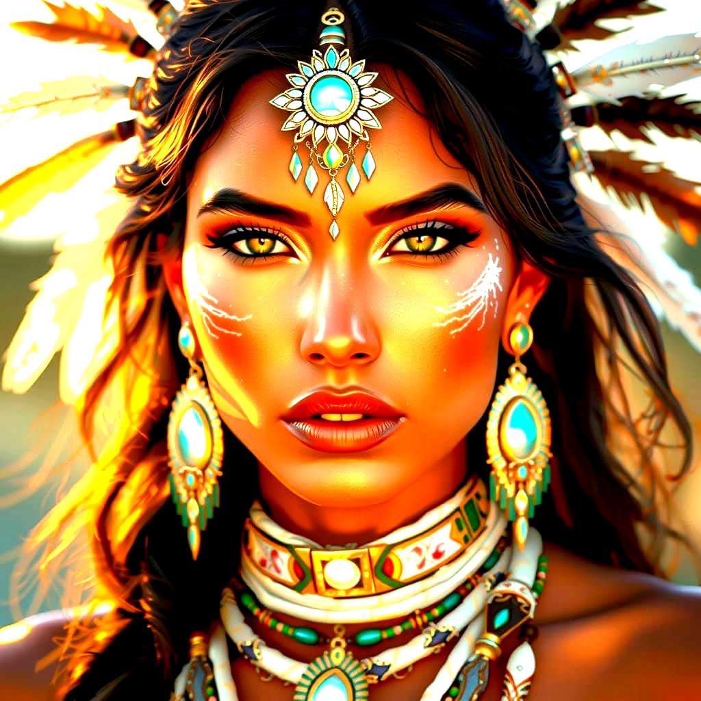 A hot woman in traditional Native American clothing, adorned...