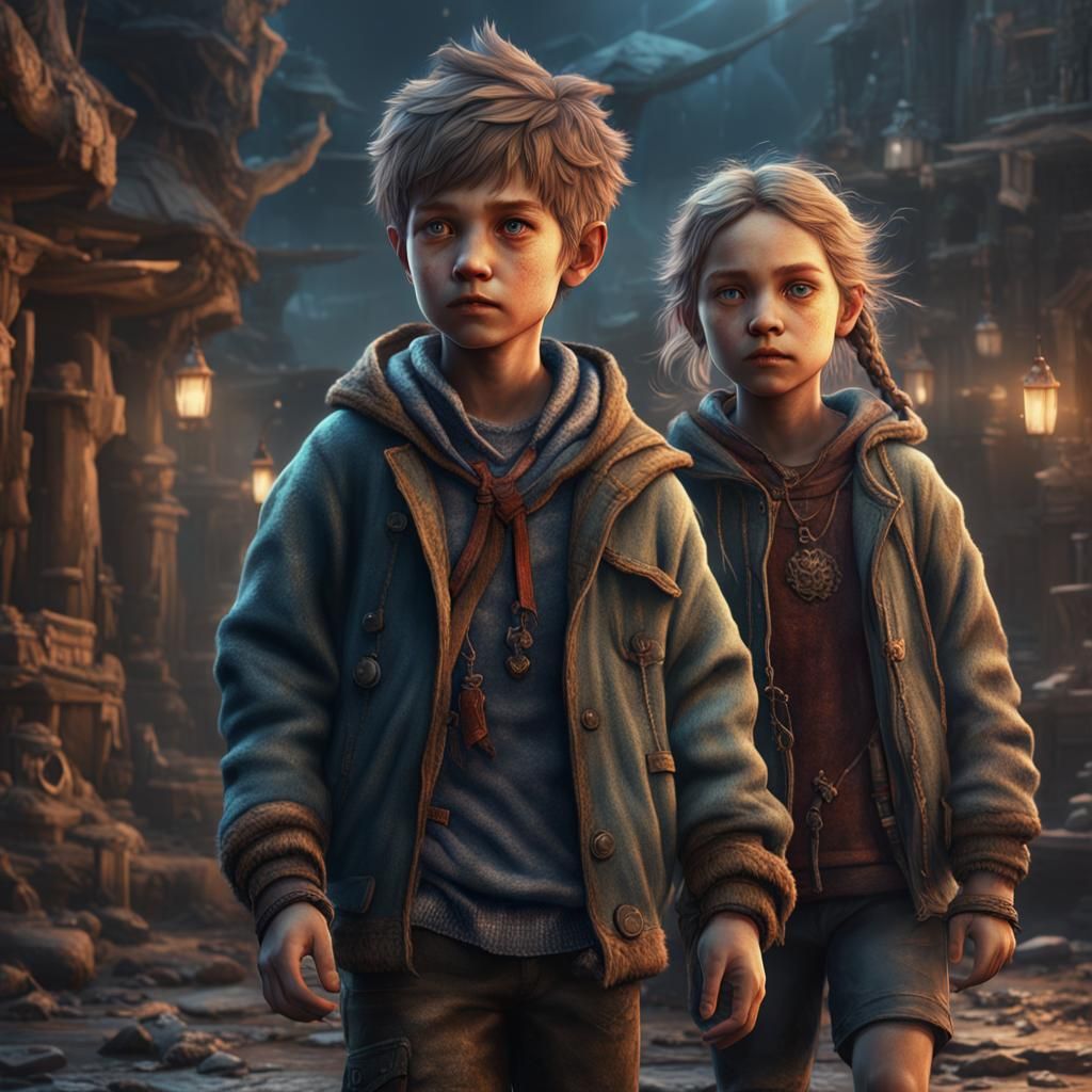 Children in Worn Clothes: Detailed Matte Painting