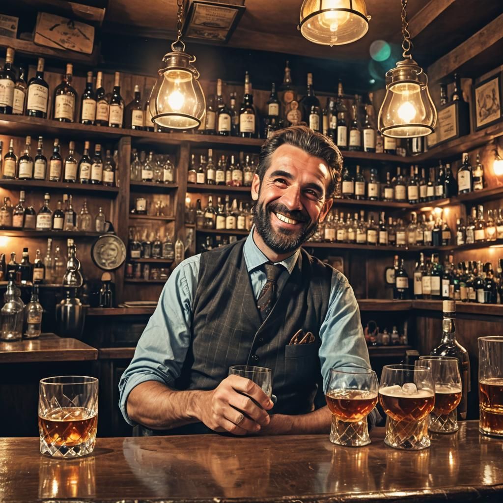 Smiling Scotsman Plays Bagpipes in Vintage Tavern