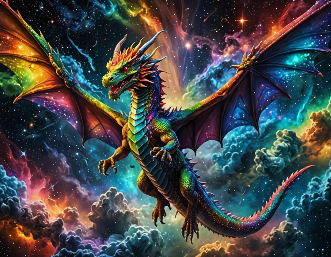 Rainbow Dragon Soaring Through a Cosmic Galaxy