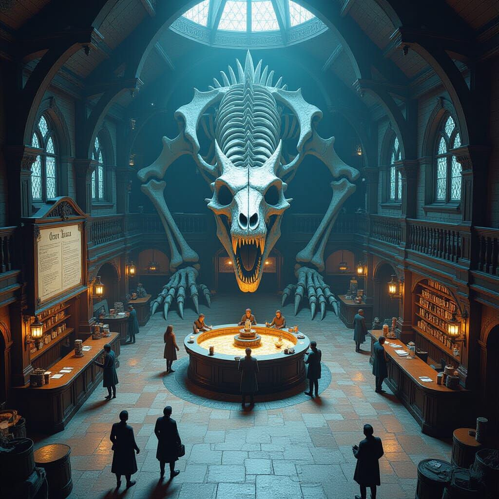 Massive Tavern Interior With Dragon Skeleton Display