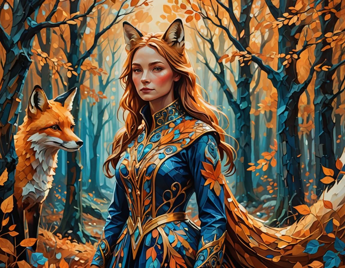 Fox Woman in Enchanted Autumn Forest, Abstract Art