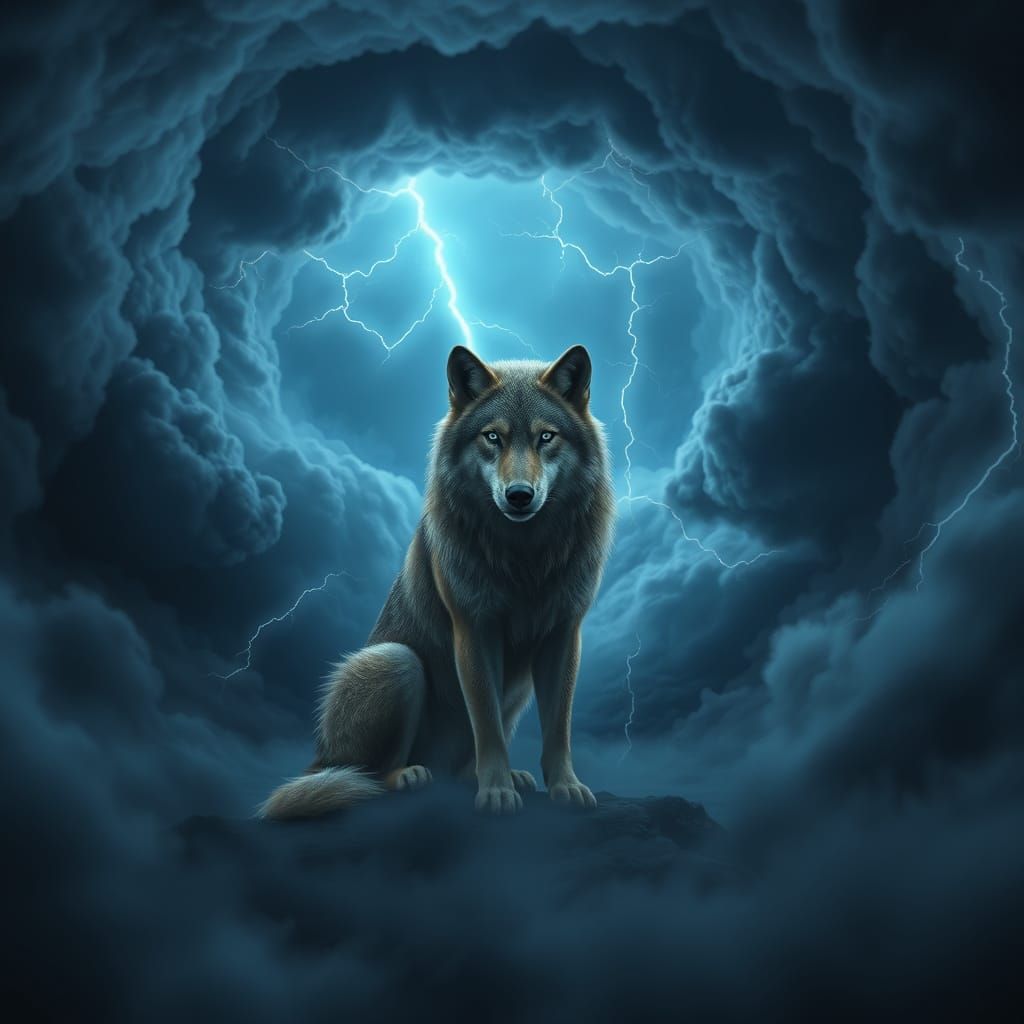 Majestic Wolf in Turbulent Storm, Serene and Gazing