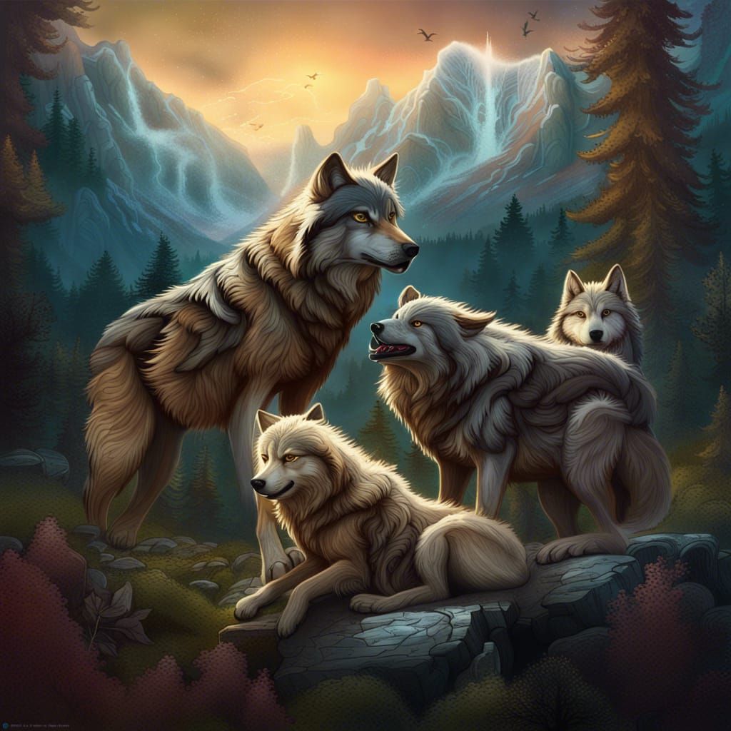 Wolves in Mountain Forest: Digital Fantasy Art