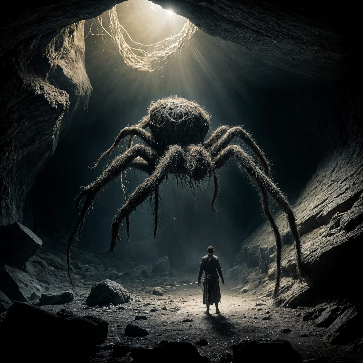 Adventurer in Dark Cave Pushes Through Cobweb