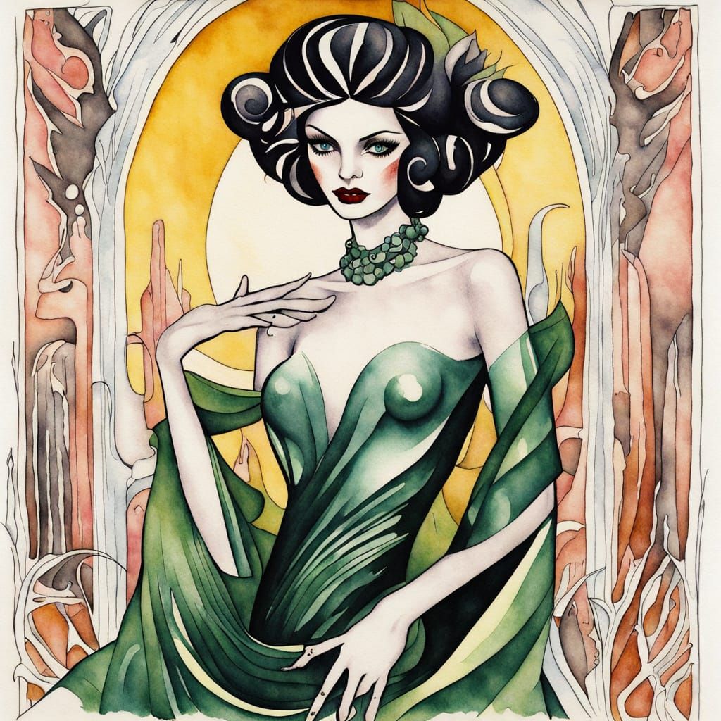 Surreal Art Deco Ink Drawing of a Mythical Forest Creature