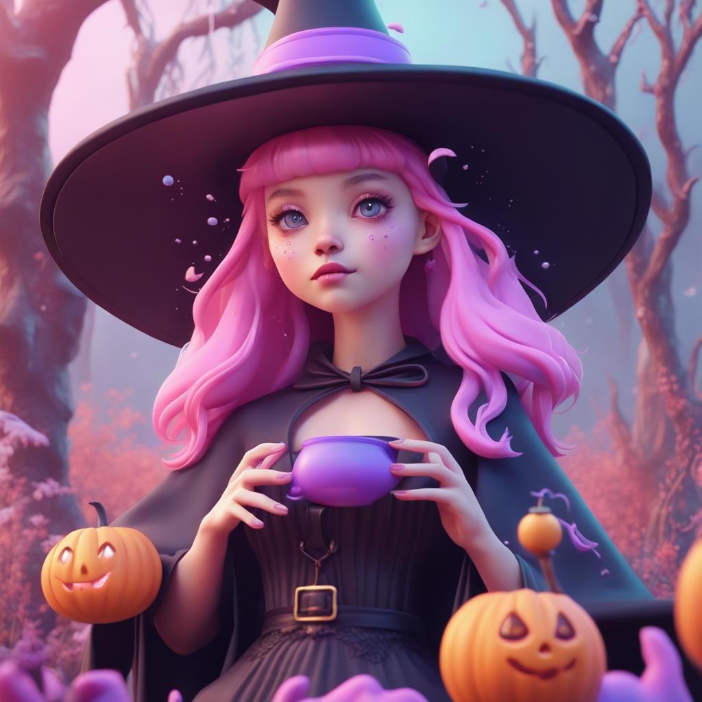 Pastel Kawaii Witch in Detailed Matte Painting