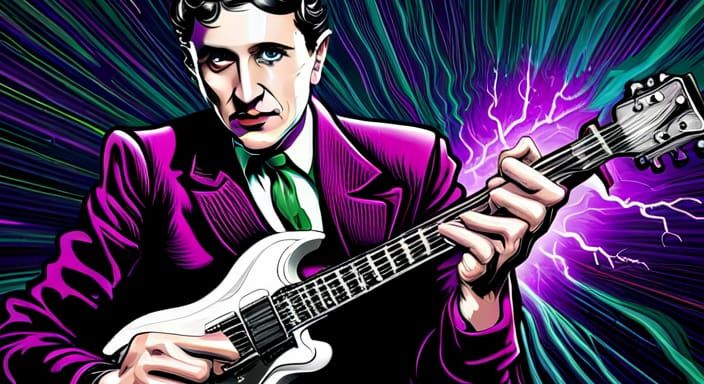 Tesla Shreds on Electric Guitar: Kirby Illustration