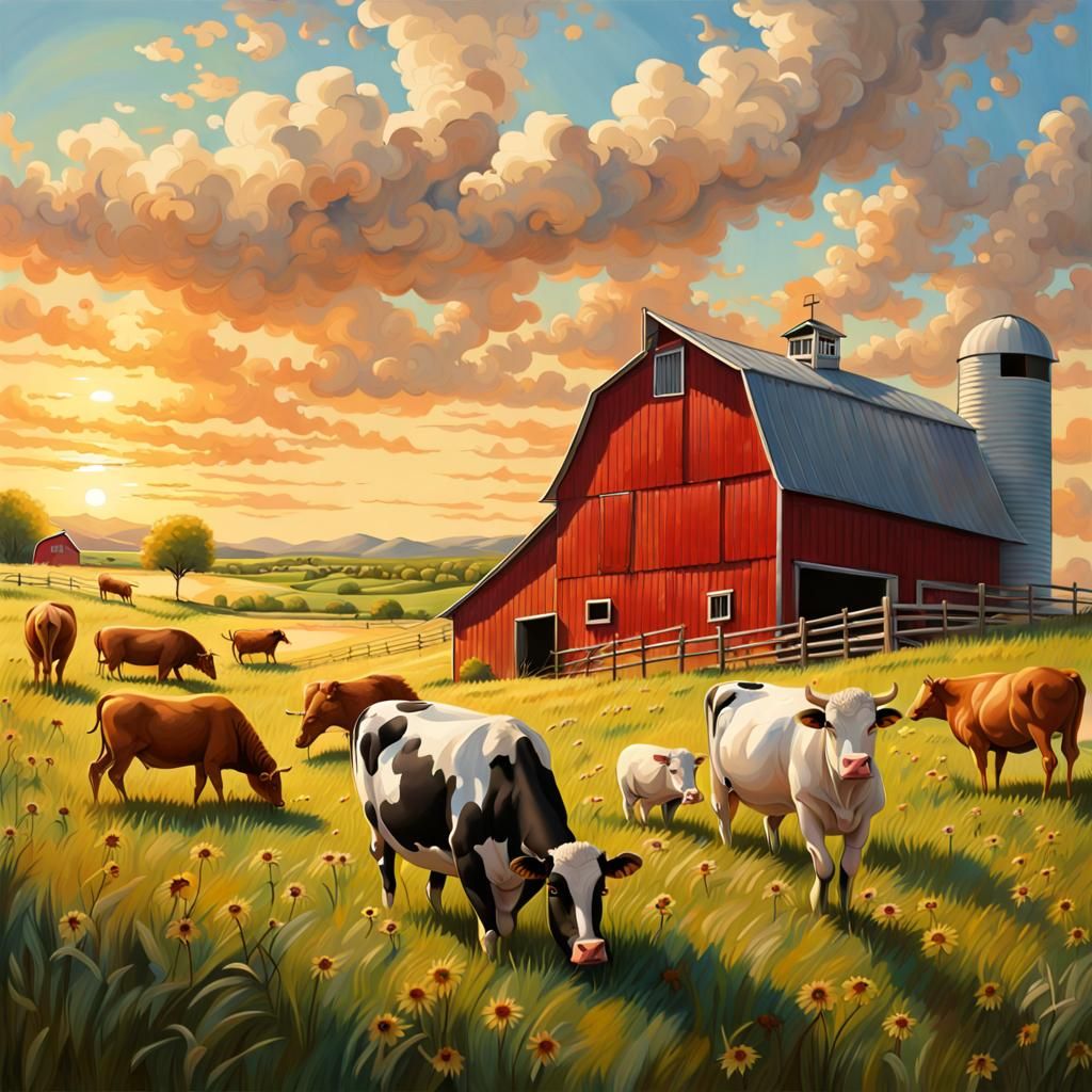 Hyperrealistic Countryside Scene with Livestock