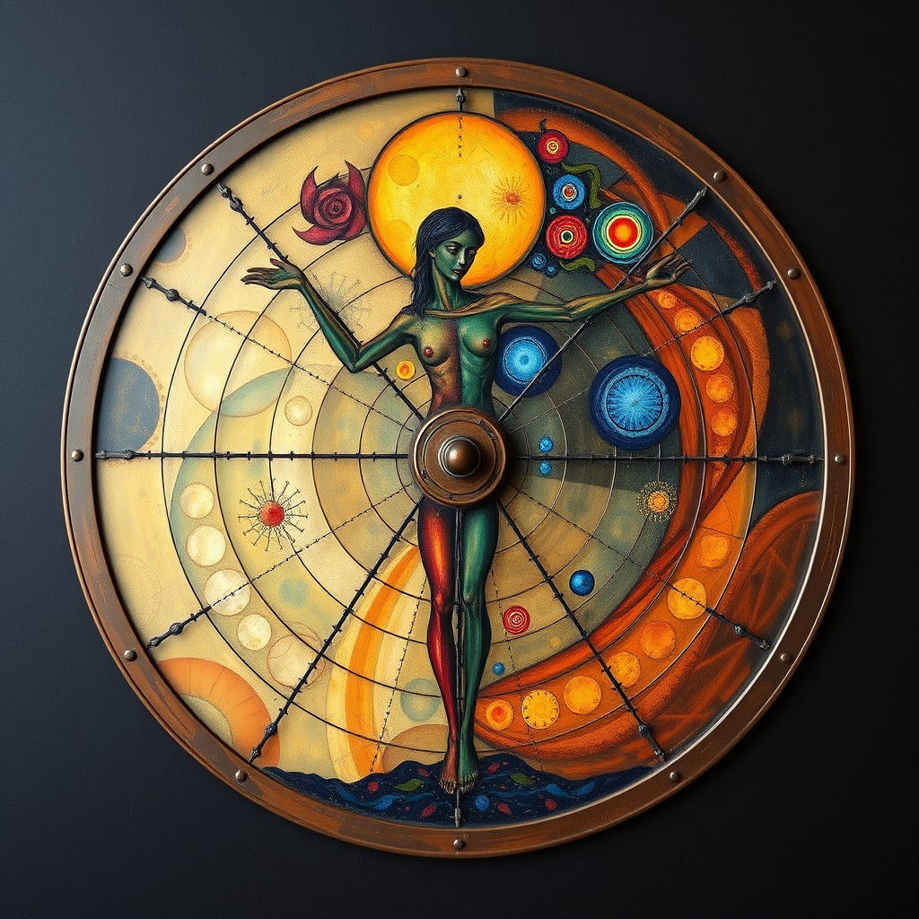Vitruvian Man in Kandinsky Style on Antique Wheel