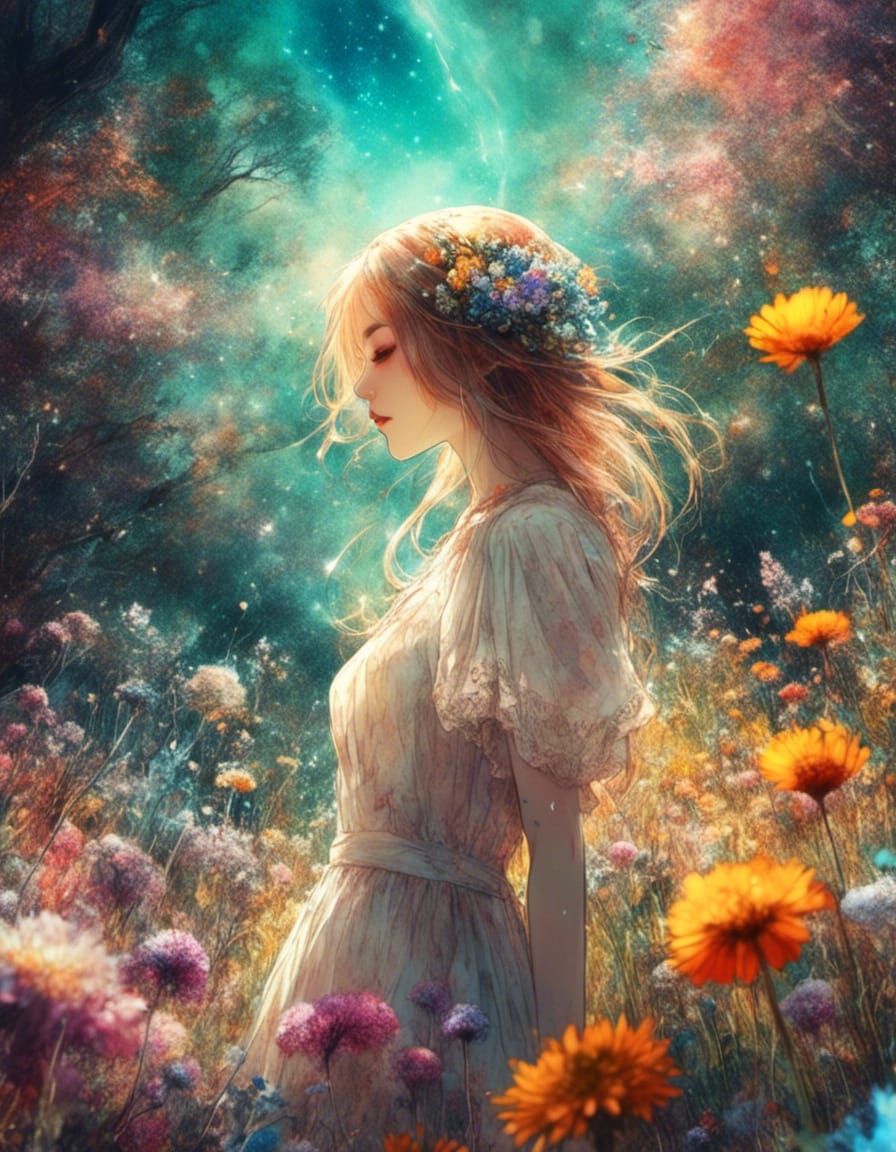 Rainbow Garden Anime Landscape in Watercolor Style