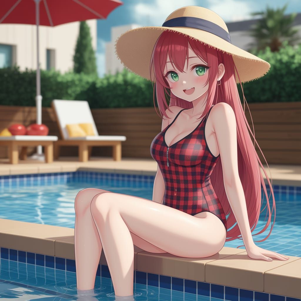Anime Style Pool Party with Red-Haired Beauty