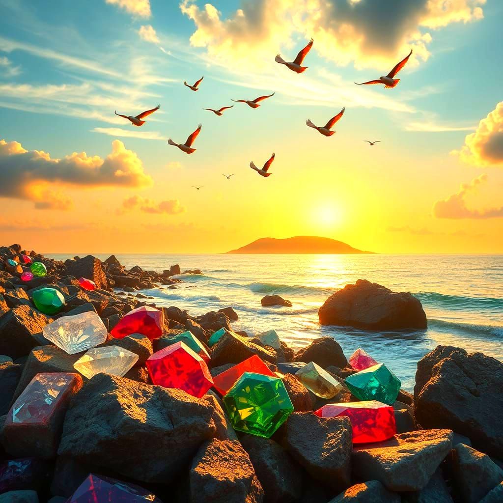 Calm Coastline Oasis with Flying Friends and Vibrant Gemston...