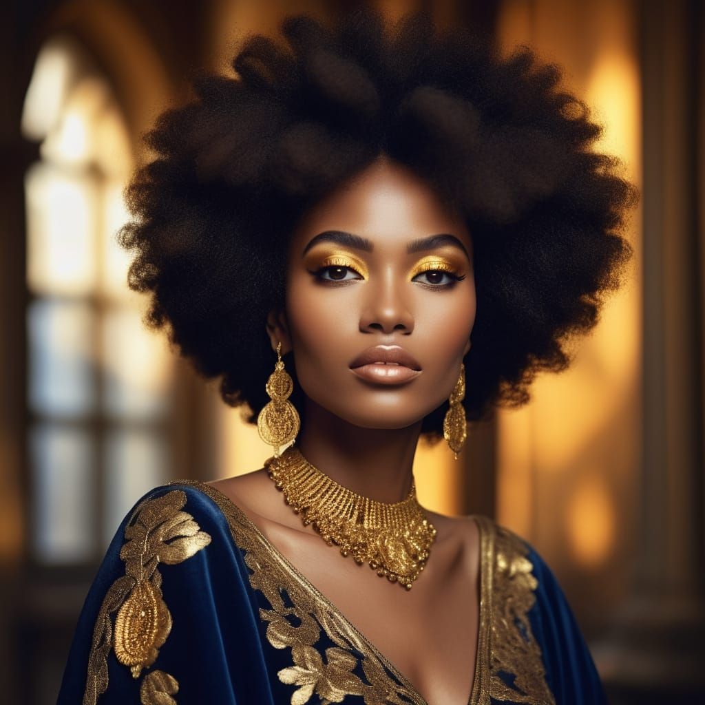 A black woman with intricate afro hair adorned with golden j...