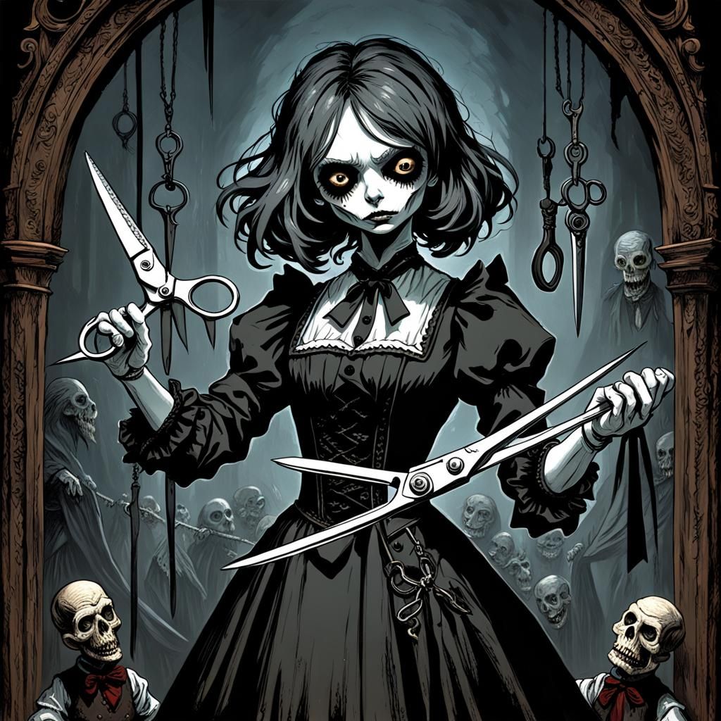 Horrific Puppet Girl with Scissors: Doré and Rutkowski Style