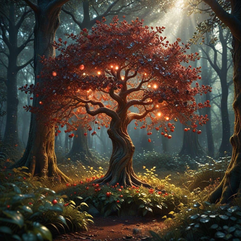 Whimsical Fantasy Tree with Glowing Red Apple in Lush Forest