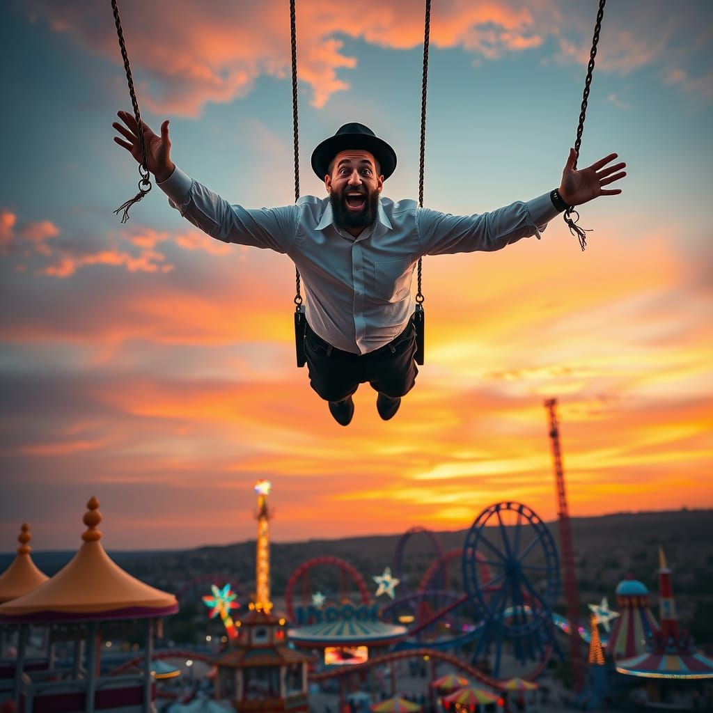 Haredi Man Joyfully Swinging Above Amusement Park