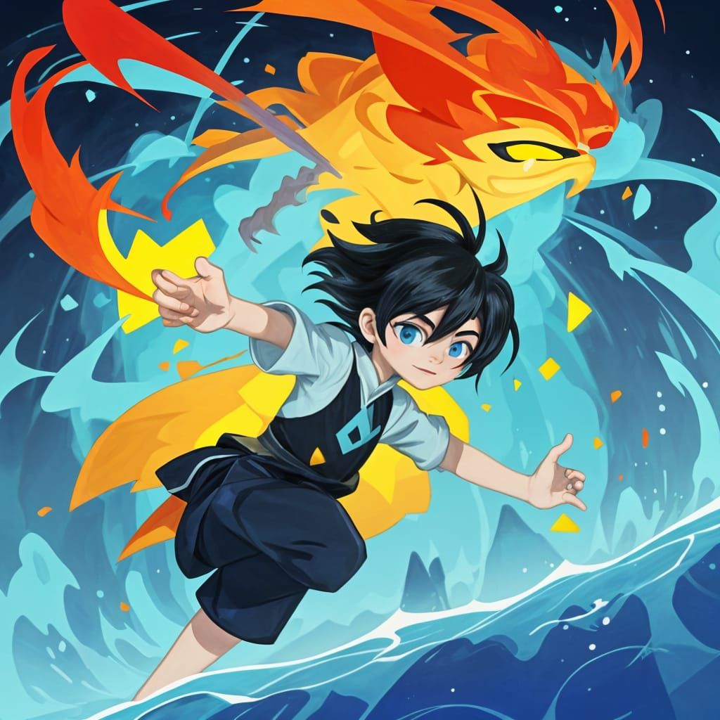 Boy Controls Elements in Cubist Art Deco Style