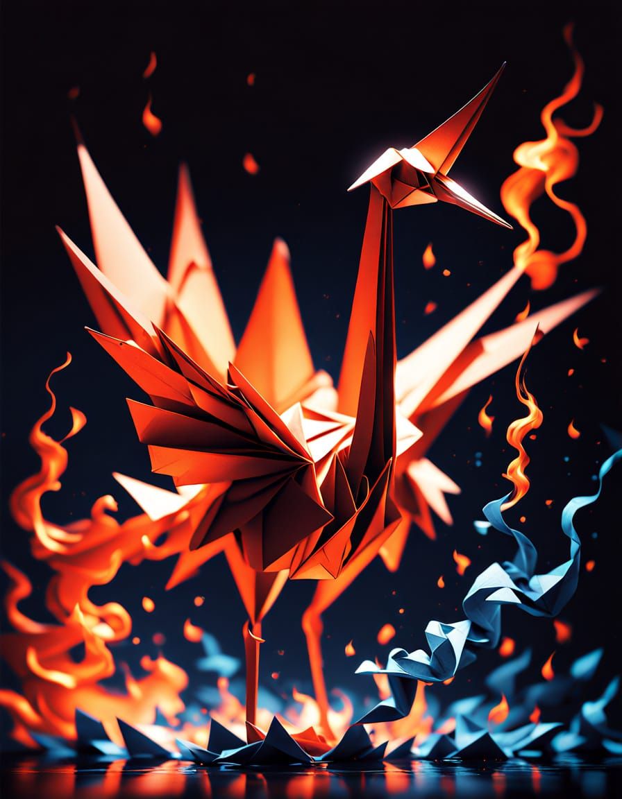 Origami Crane Ablaze in Dramatic Anime Style