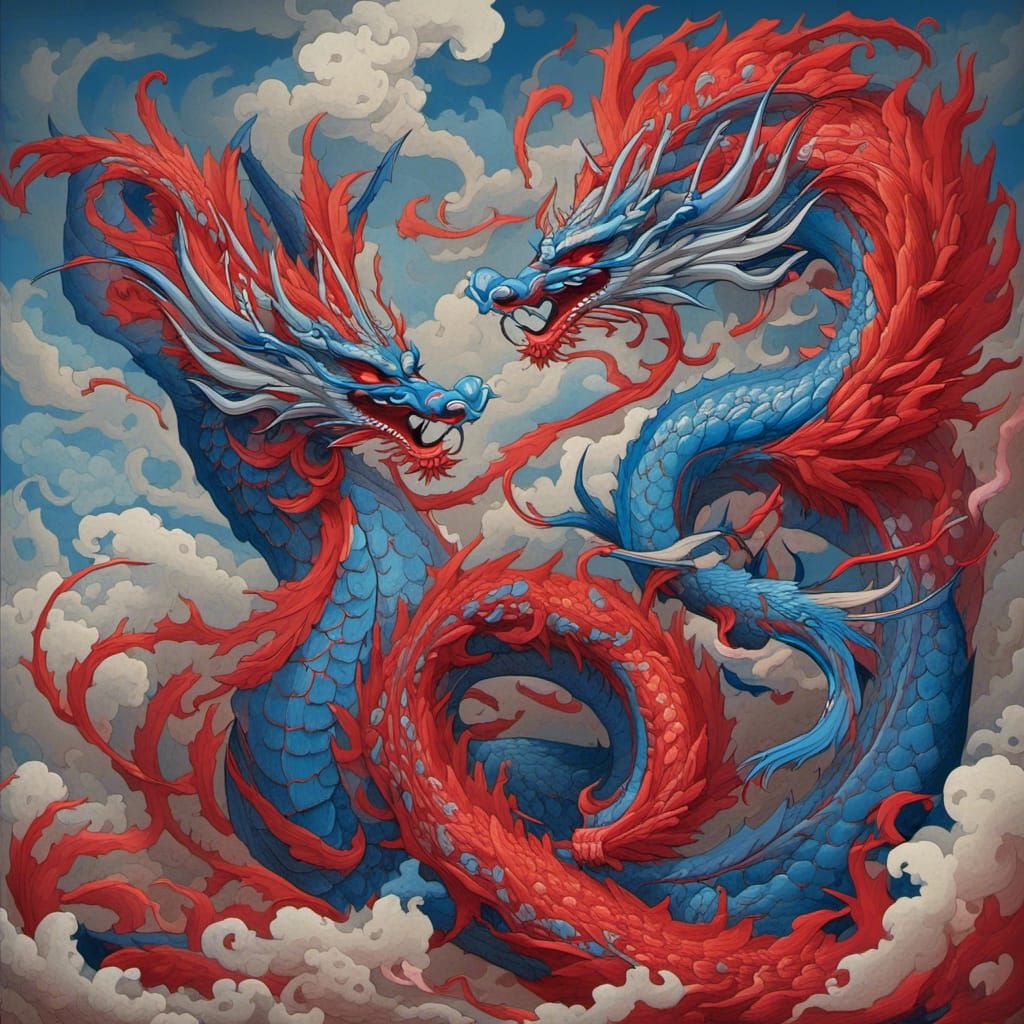 Entwined Dragons Dancing in Fire