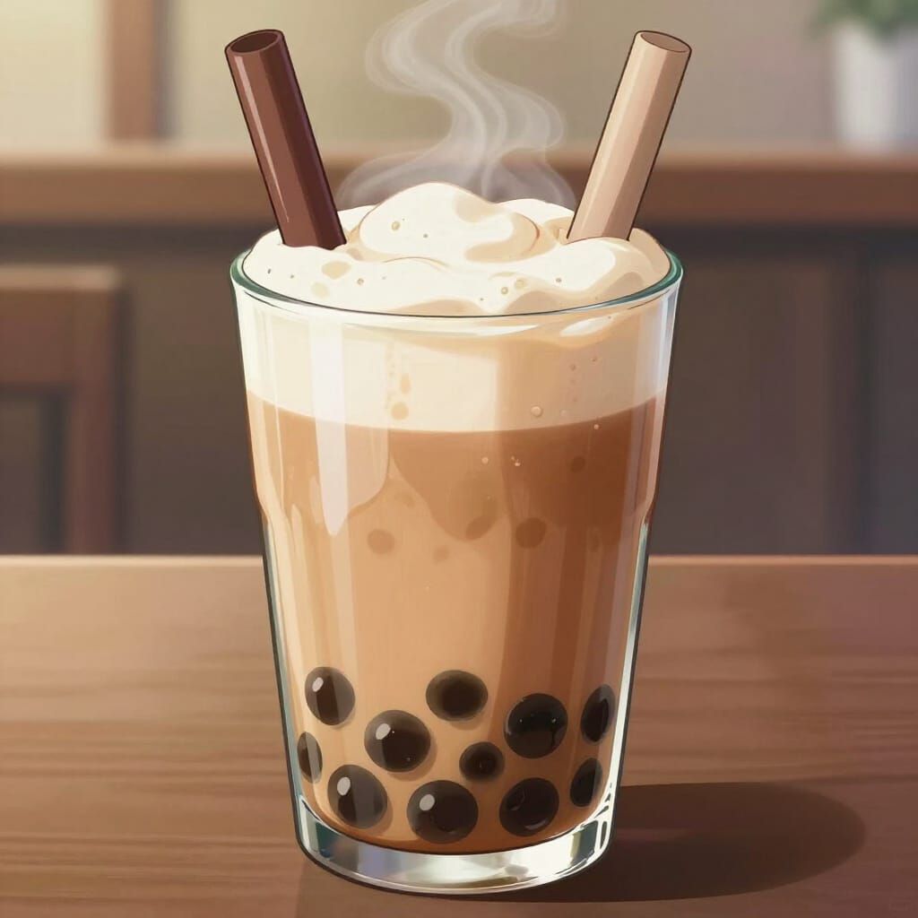Steaming Bubble Tea Cup in Japanese Anime Style